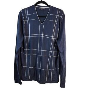 Banana Republic Classic Sweater Men's L Navy Silk Blend Plaid Preppy Casual